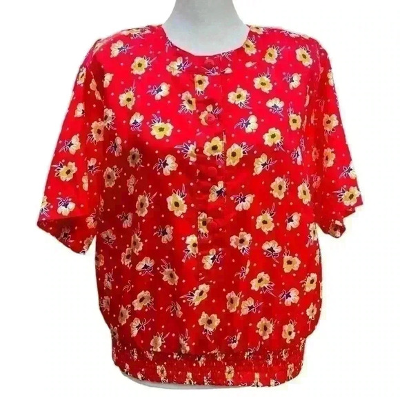 Vintage Notations Red & yellow floral Short Sleeve Button Shirt polka dots M - Picture 3 of 10